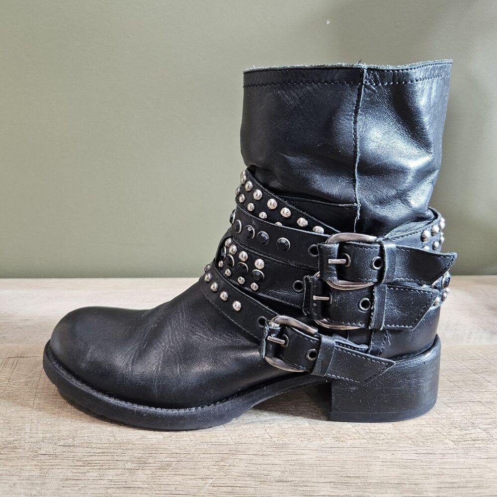 Women's Italian Leather Studded Moto Boots Black Buckle Ankle Booties Size 38 - Picture 4 of 12